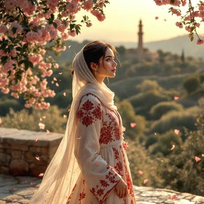 The primary subject of the image is a woman wearing a white dress with a red pattern, standing in front of a beautiful backdrop of a hillside with pink flowers. The setting appears to be a garden or an outdoor location with a serene atmosphere. The visual style of the image is a combination of photo and digital art, creating a unique and artistic representation of the woman and her surroundings. The colors in the image are predominantly white and red, with the pink flowers adding a touch of warmth and